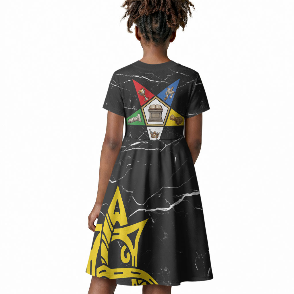 OES Order Of The Eastern Star Kid Short Sleeve Dress Five Pointed Star Emblem On Black Marble Texture
