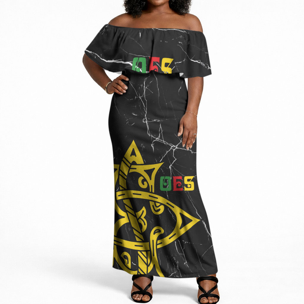 OES Order Of The Eastern Star Off Shoulder Maxi Dress Five Pointed Star Emblem On Black Marble Texture