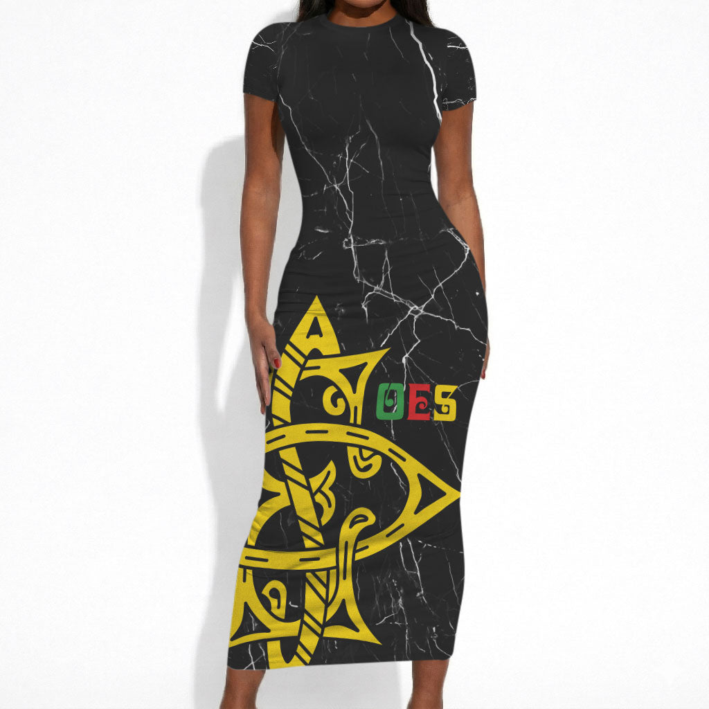 OES Order Of The Eastern Star Short Sleeve Bodycon Dress Five Pointed Star Emblem On Black Marble Texture