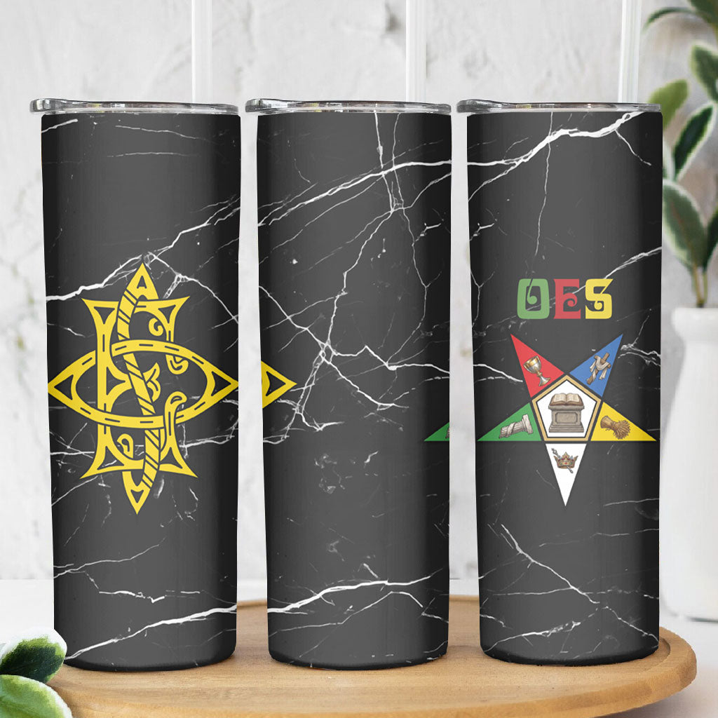 OES Order Of The Eastern Star Skinny Tumbler Five Pointed Star Emblem On Black Marble Texture