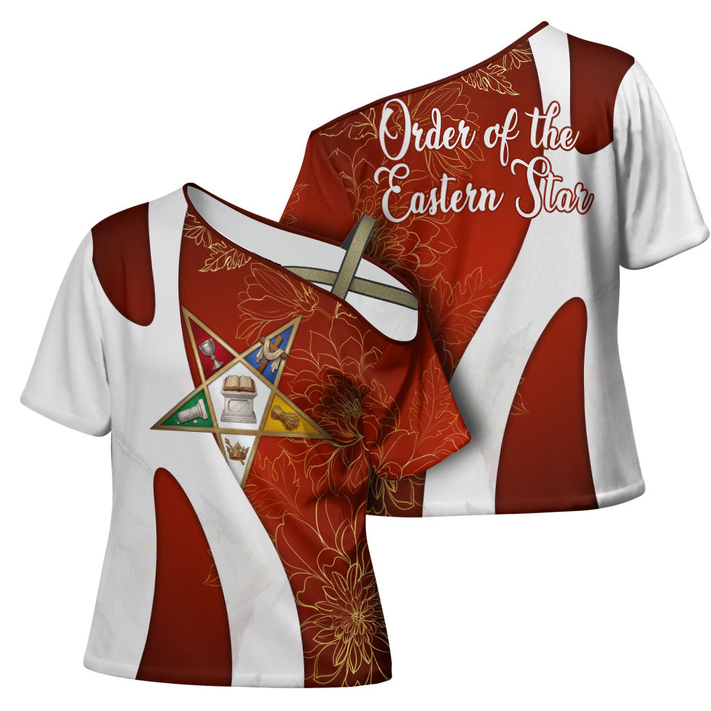OES Order Of The Eastern Star Cross Shoulder Shirt Five Pointed Star Emblem With Gold Floral Art