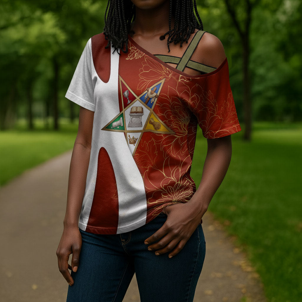 OES Order Of The Eastern Star Cross Shoulder Shirt Five Pointed Star Emblem With Gold Floral Art