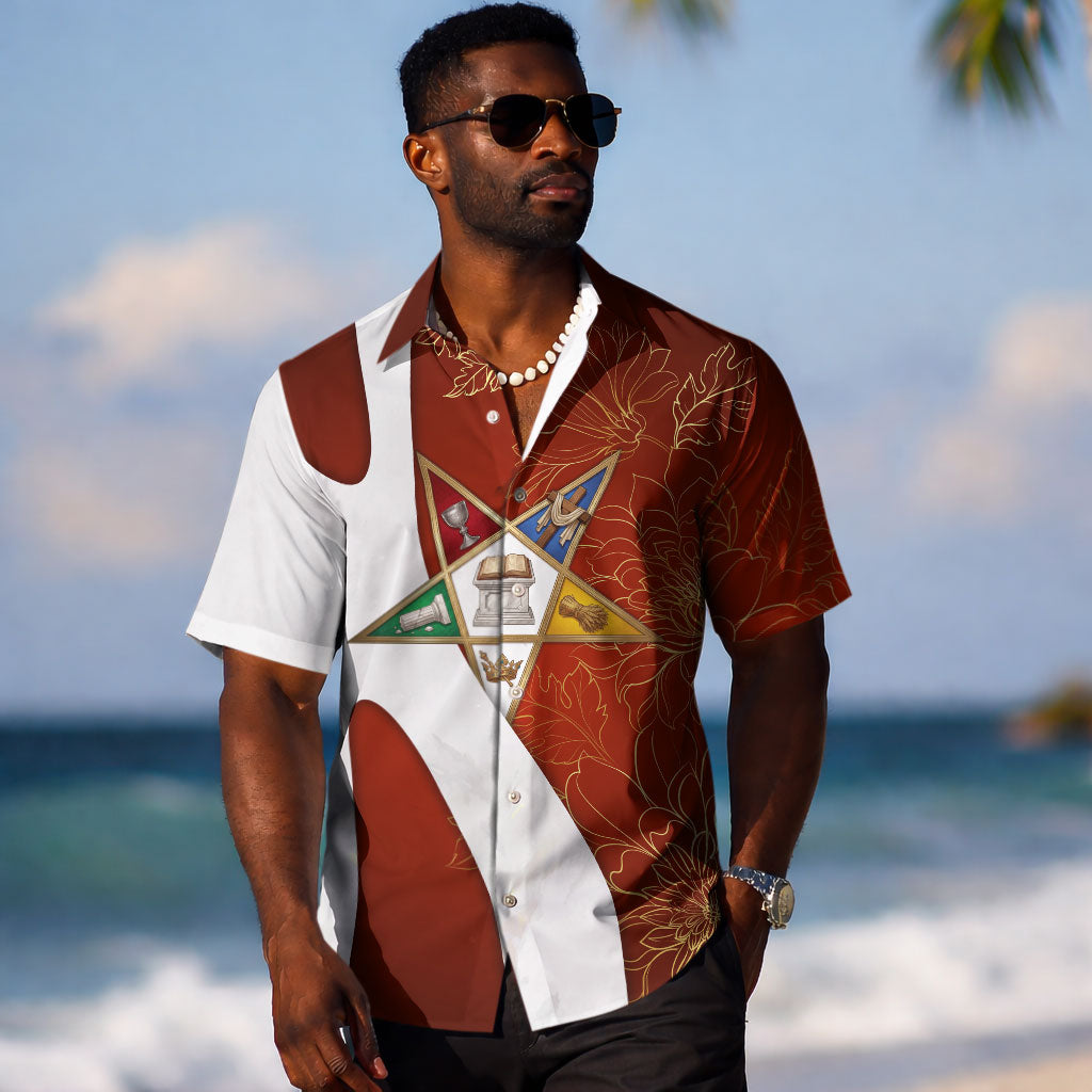 OES Order Of The Eastern Star Hawaiian Shirt Five Pointed Star Emblem With Gold Floral Art