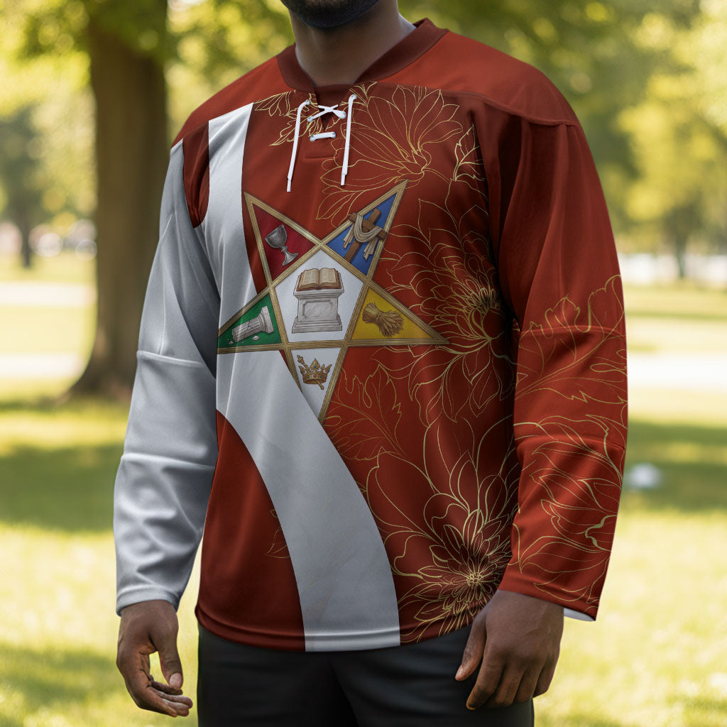 OES Order Of The Eastern Star Hockey Jersey Five Pointed Star Emblem With Gold Floral Art
