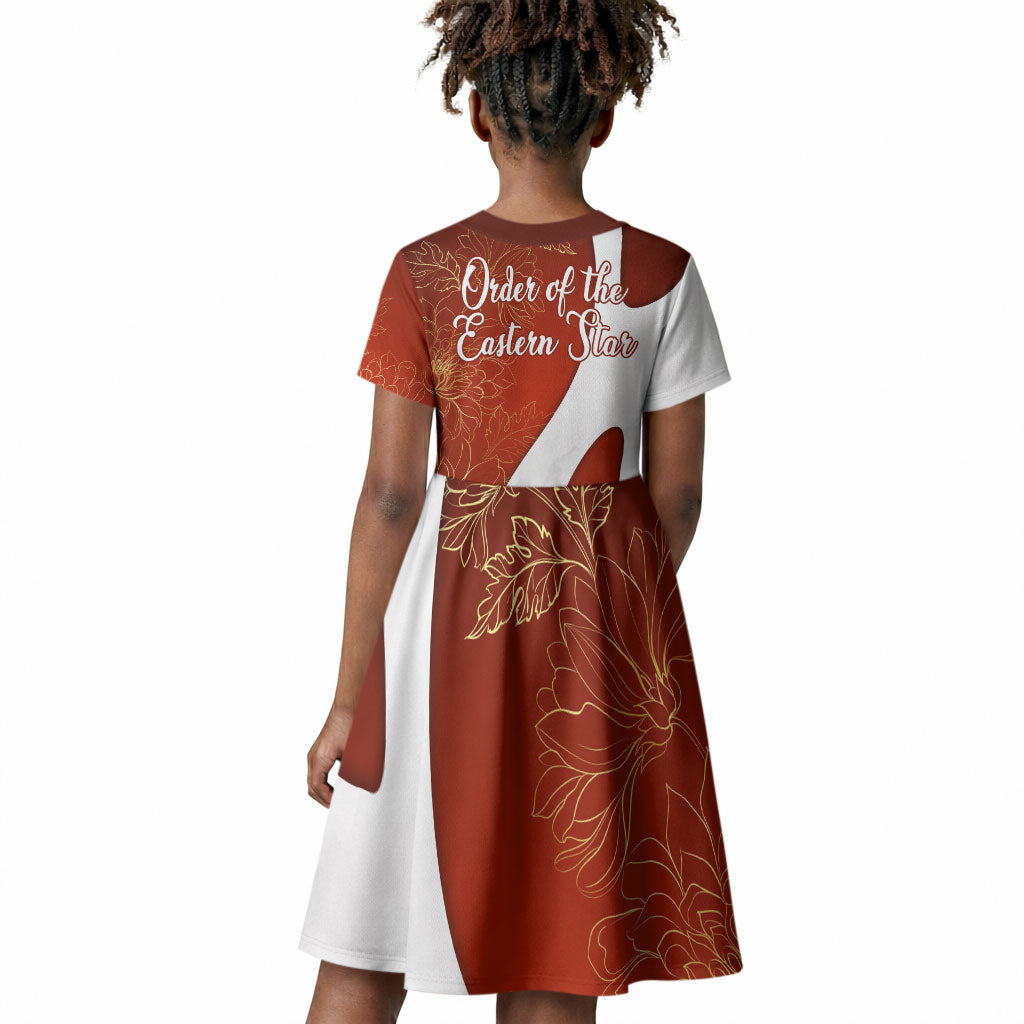 OES Order Of The Eastern Star Kid Short Sleeve Dress Five Pointed Star Emblem With Gold Floral Art