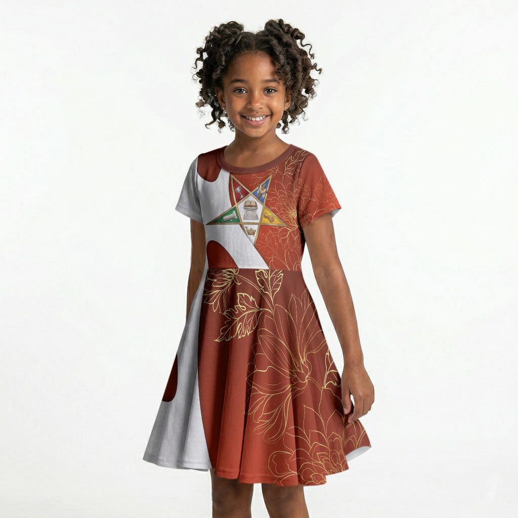 OES Order Of The Eastern Star Kid Short Sleeve Dress Five Pointed Star Emblem With Gold Floral Art