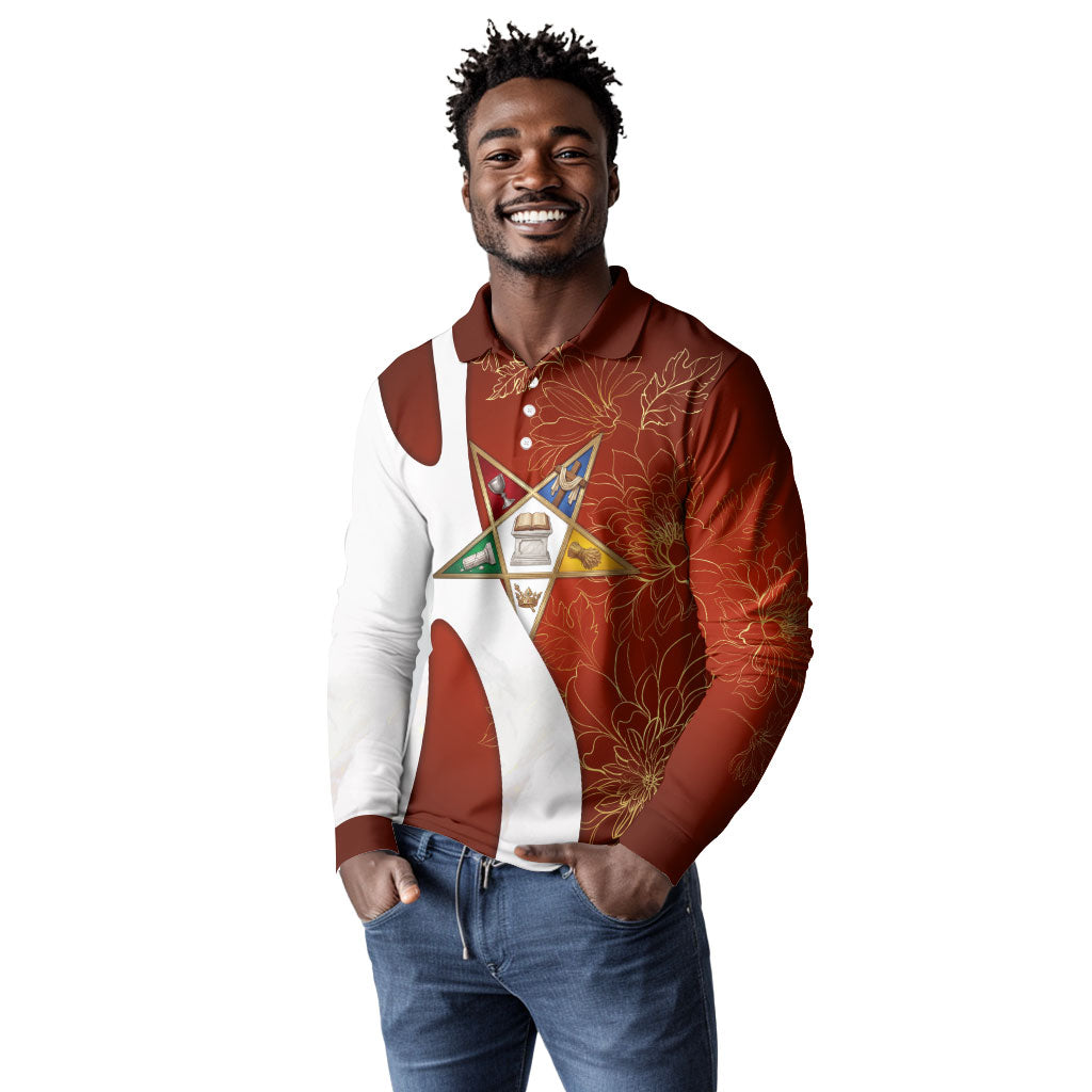 OES Order Of The Eastern Star Long Sleeve Polo Shirt Five Pointed Star Emblem With Gold Floral Art