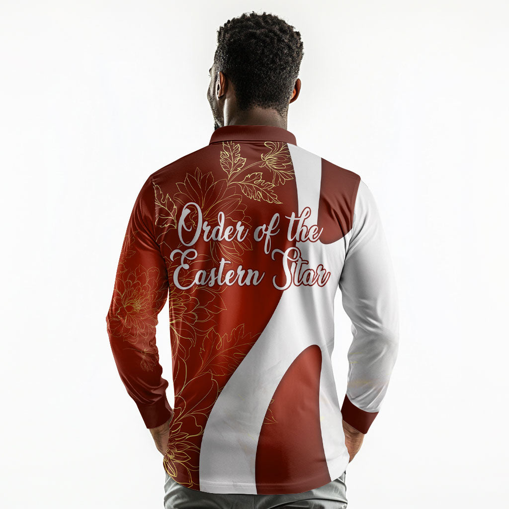 OES Order Of The Eastern Star Long Sleeve Polo Shirt Five Pointed Star Emblem With Gold Floral Art