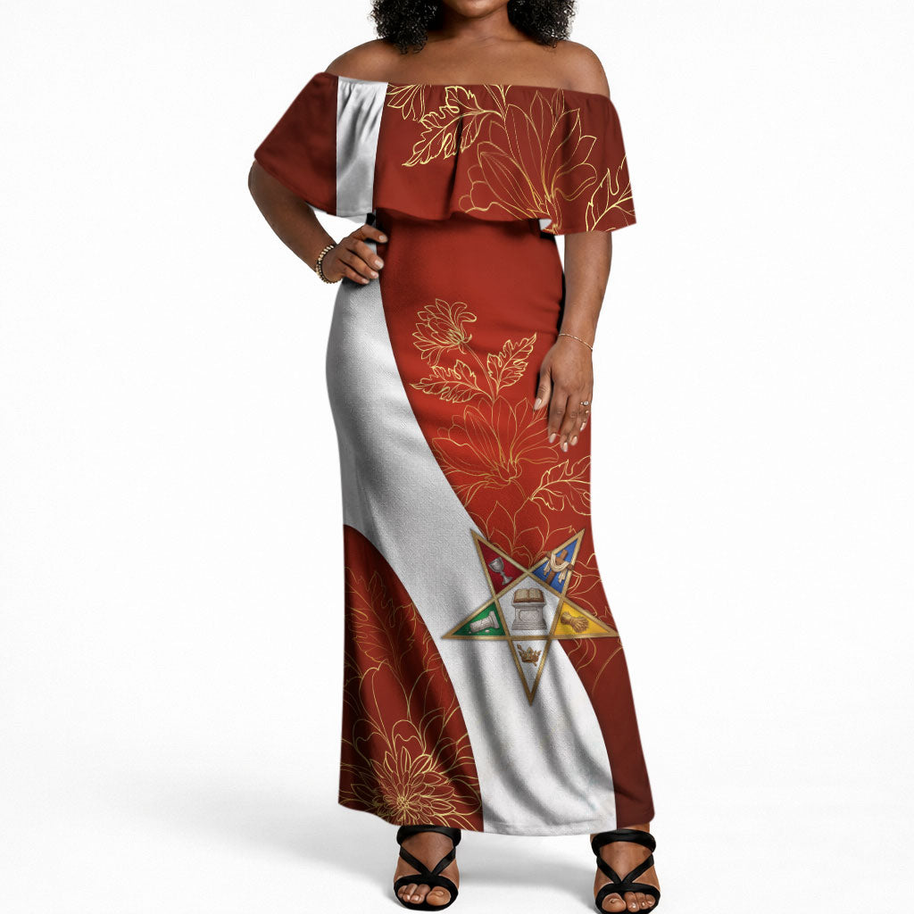 OES Order Of The Eastern Star Off Shoulder Maxi Dress Five Pointed Star Emblem With Gold Floral Art