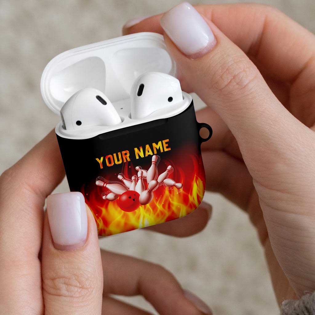 Bowling Ball and Pins Design AirPods Case with Flame Background and Custom Team Name Text - Wonder Print Shop