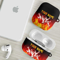 Bowling Ball and Pins Design AirPods Case with Flame Background and Custom Team Name Text - Wonder Print Shop