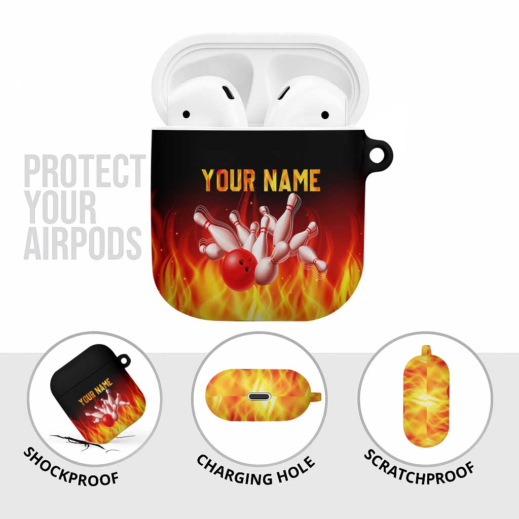 Bowling Ball and Pins Design AirPods Case with Flame Background and Custom Team Name Text - Wonder Print Shop
