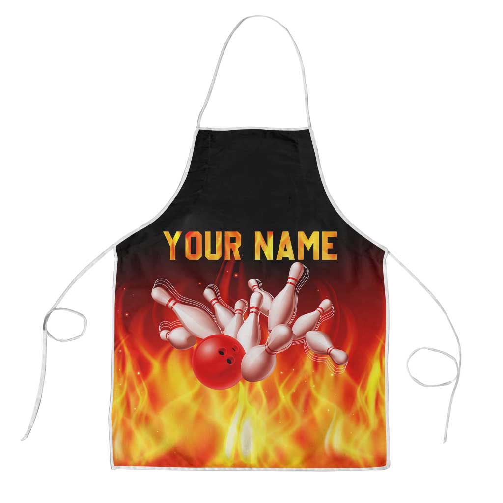 Bowling Ball and Pins Design Apron with Flame Background and Custom Team Name Text - Wonder Print Shop