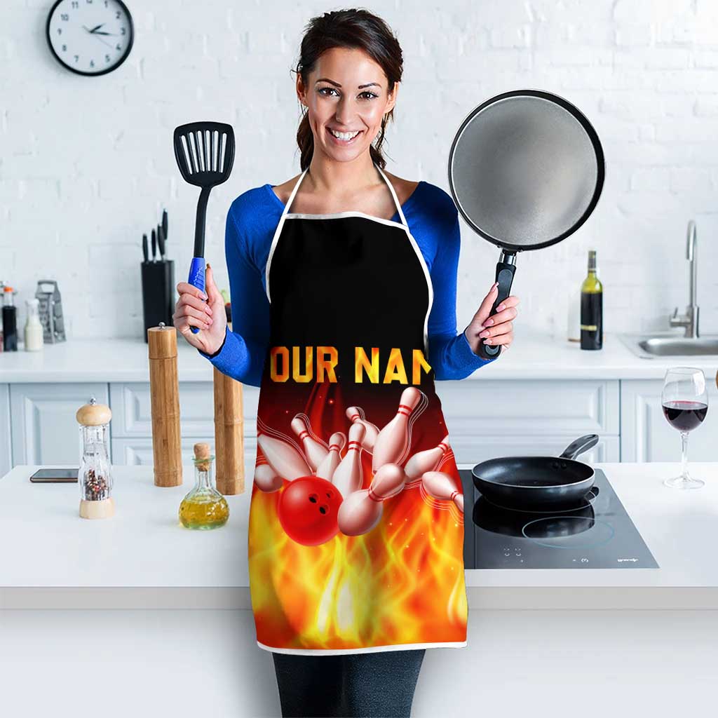 Bowling Ball and Pins Design Apron with Flame Background and Custom Team Name Text - Wonder Print Shop