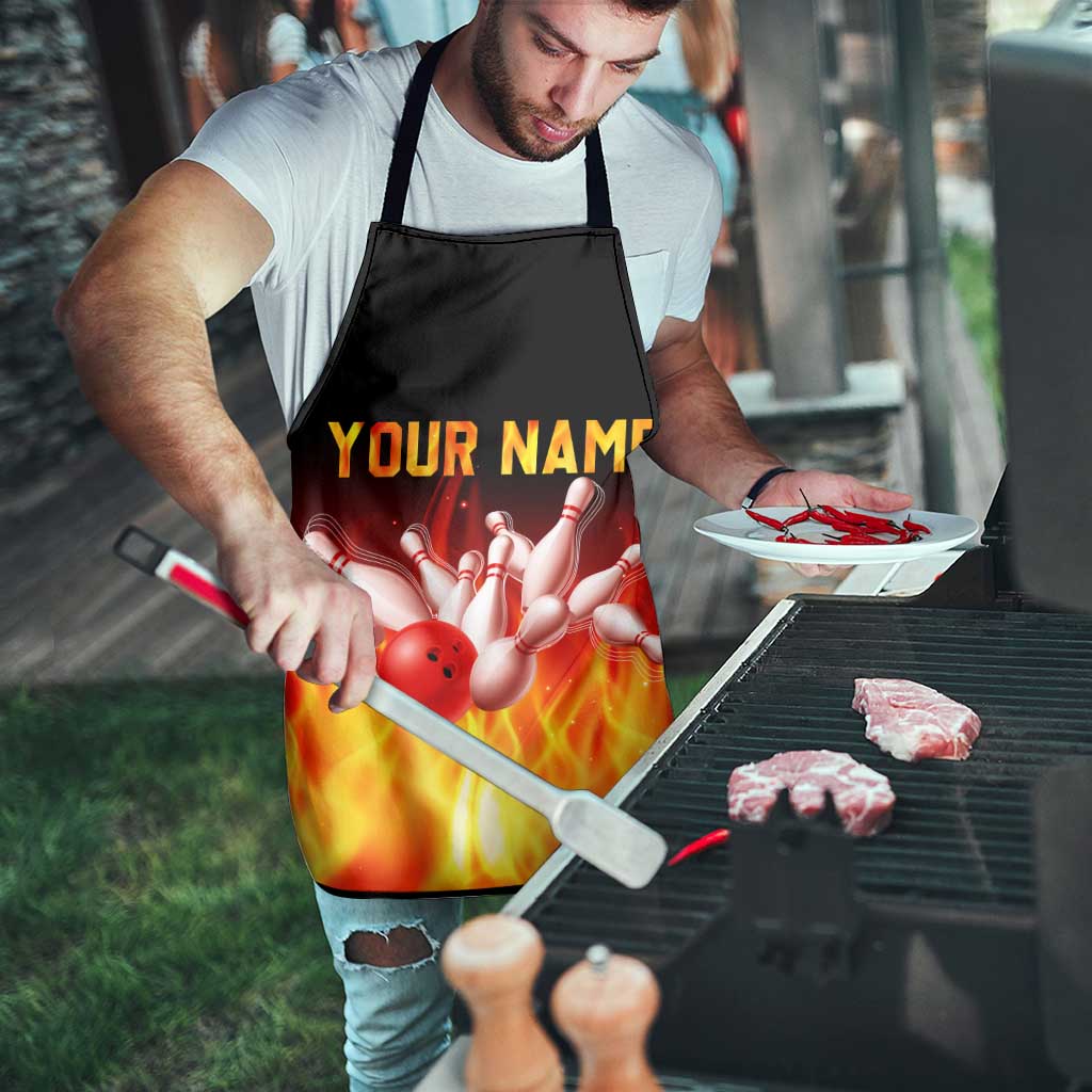 Bowling Ball and Pins Design Apron with Flame Background and Custom Team Name Text - Wonder Print Shop