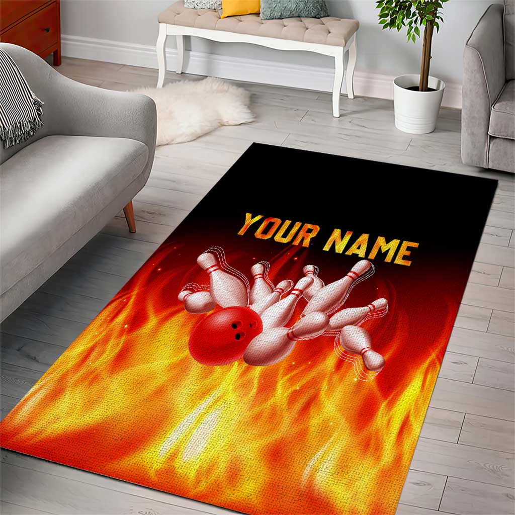 Bowling Ball and Pins Design Area Rug with Flame Background and Custom Team Name Text - Wonder Print Shop