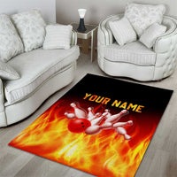 Bowling Ball and Pins Design Area Rug with Flame Background and Custom Team Name Text - Wonder Print Shop