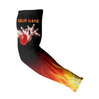 Bowling Ball and Pins Design Arm Sleeves with Flame Background and Custom Team Name Text - Wonder Print Shop