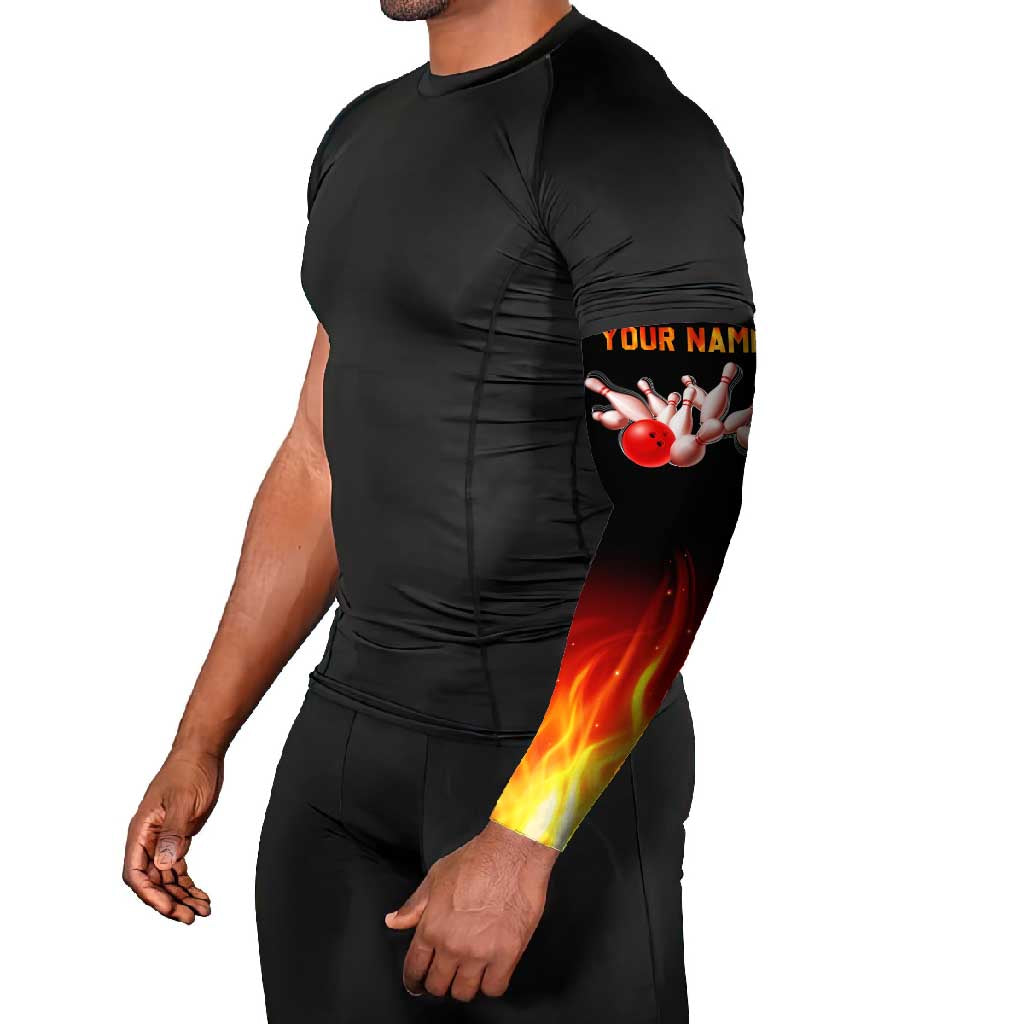 Bowling Ball and Pins Design Arm Sleeves with Flame Background and Custom Team Name Text - Wonder Print Shop