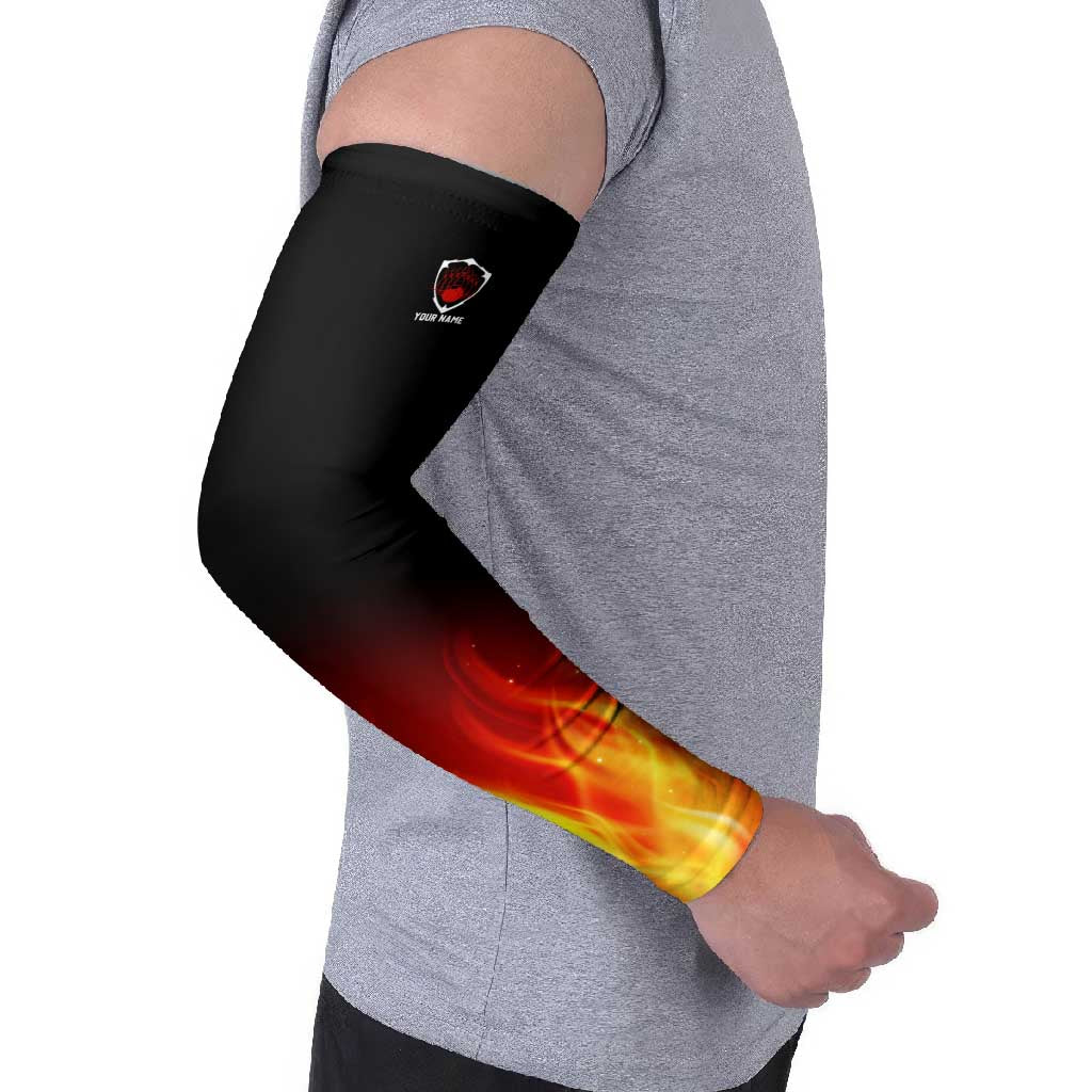 Bowling Ball and Pins Design Arm Sleeves with Flame Background and Custom Team Name Text - Wonder Print Shop