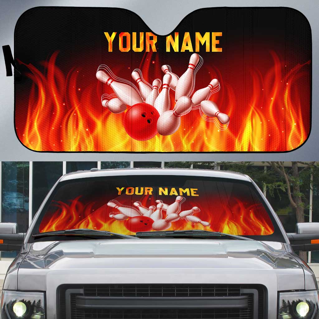 Bowling Ball and Pins Design Auto Sun Shade with Flame Background and Custom Team Name Text - Wonder Print Shop