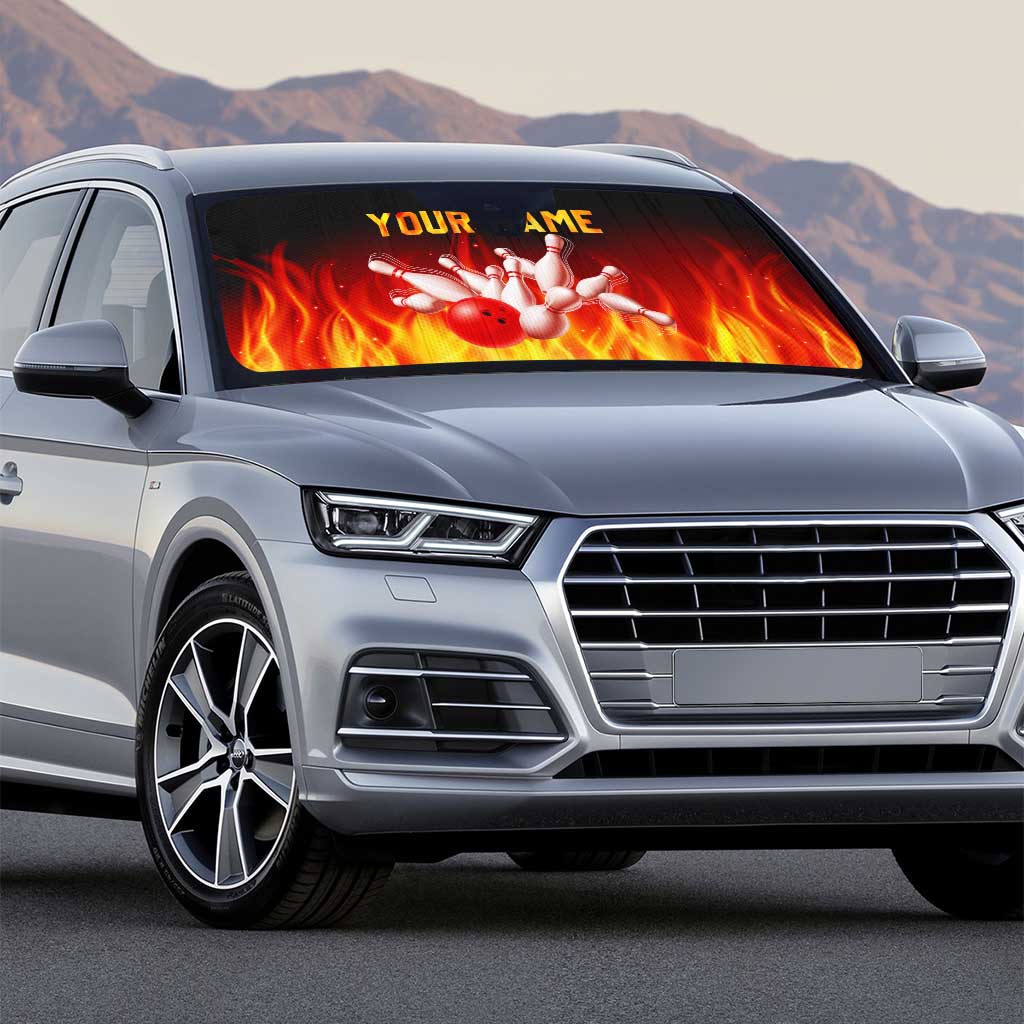 Bowling Ball and Pins Design Auto Sun Shade with Flame Background and Custom Team Name Text - Wonder Print Shop