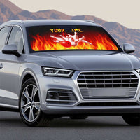 Bowling Ball and Pins Design Auto Sun Shade with Flame Background and Custom Team Name Text - Wonder Print Shop