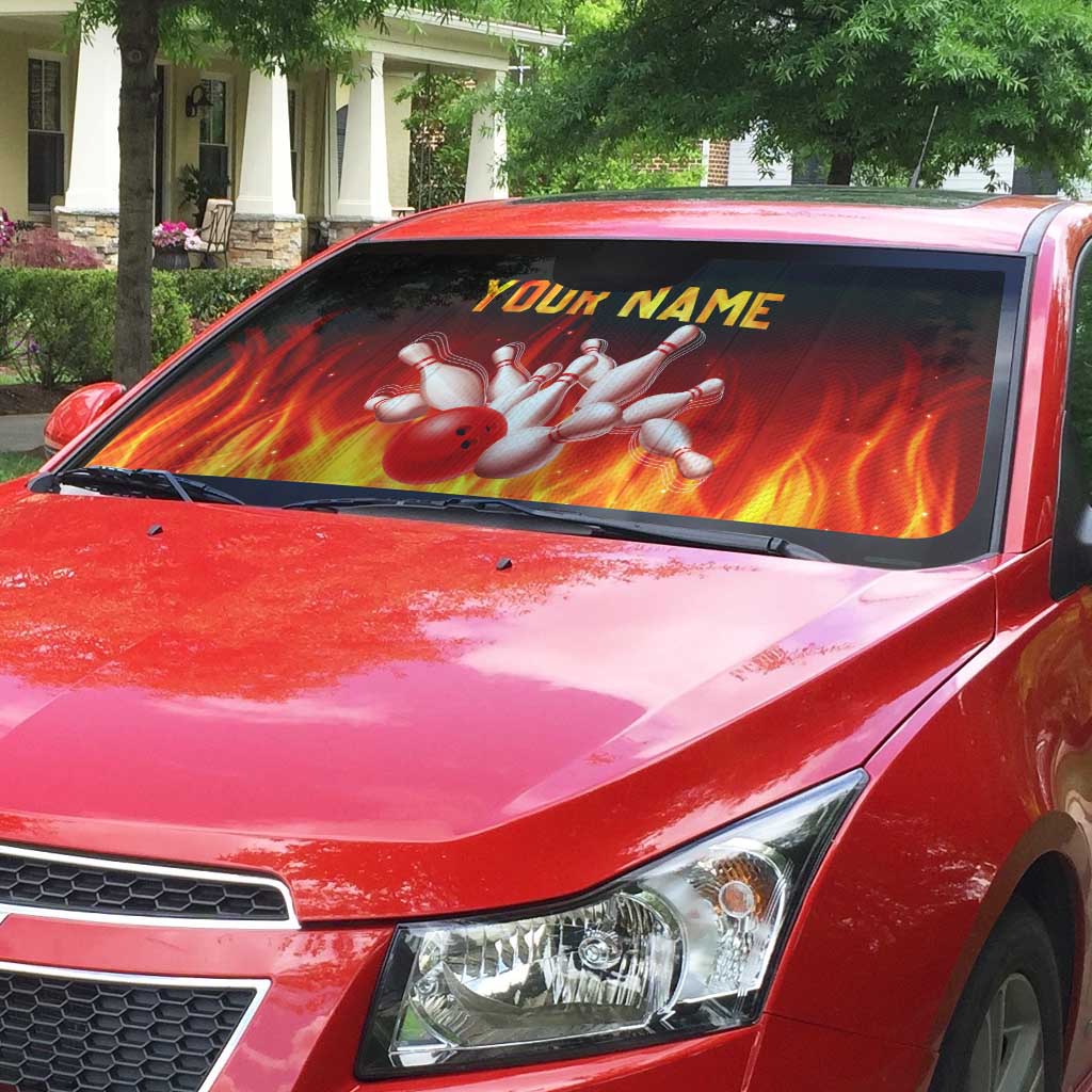 Bowling Ball and Pins Design Auto Sun Shade with Flame Background and Custom Team Name Text - Wonder Print Shop