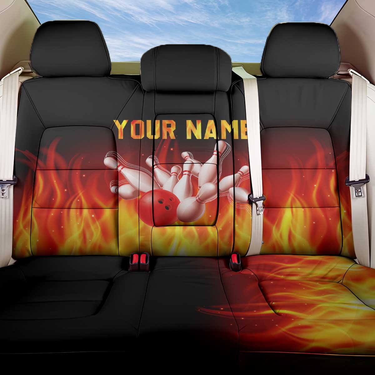 Bowling Ball and Pins Design Back Car Seat Cover with Flame Background and Custom Team Name Text - Wonder Print Shop