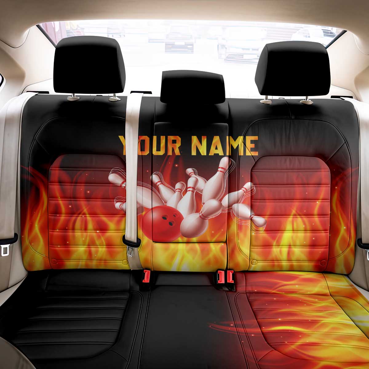 Bowling Ball and Pins Design Back Car Seat Cover with Flame Background and Custom Team Name Text - Wonder Print Shop