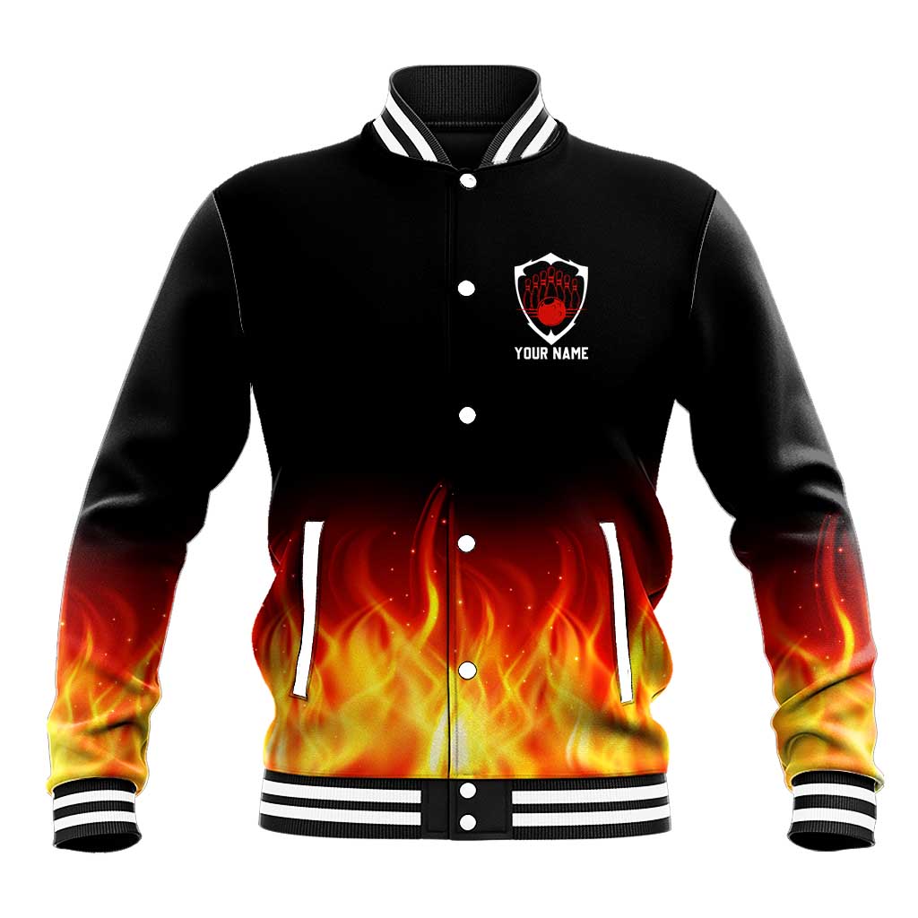 Bowling Ball and Pins Design Baseball Jacket with Flame Background and Custom Team Name Text - Wonder Print Shop