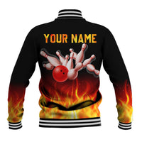 Bowling Ball and Pins Design Baseball Jacket with Flame Background and Custom Team Name Text - Wonder Print Shop