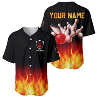 Bowling Ball and Pins Design Baseball Jersey with Flame Background and Custom Team Name Text - Wonder Print Shop