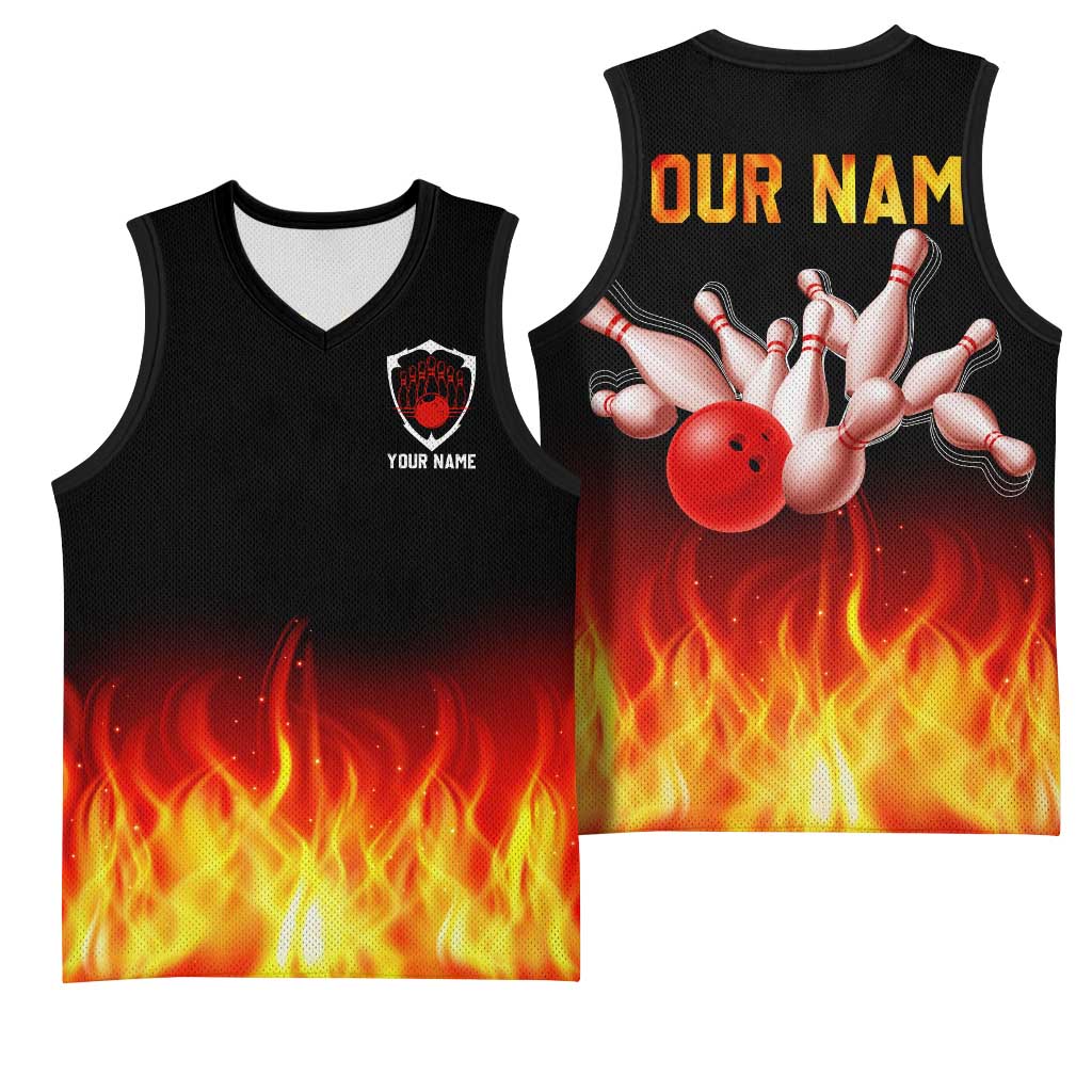 Bowling Ball and Pins Design Basketball Jersey with Flame Background and Custom Team Name Text - Wonder Print Shop