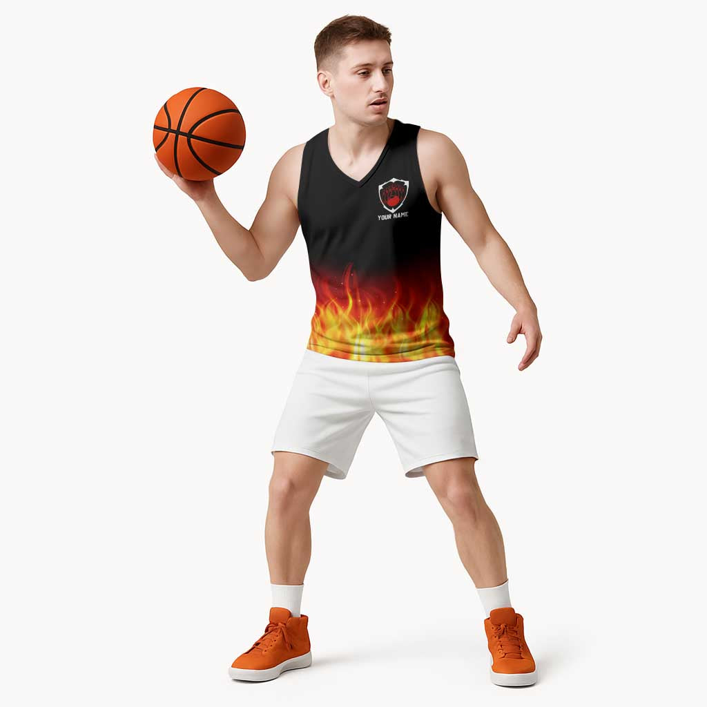 Bowling Ball and Pins Design Basketball Jersey with Flame Background and Custom Team Name Text - Wonder Print Shop
