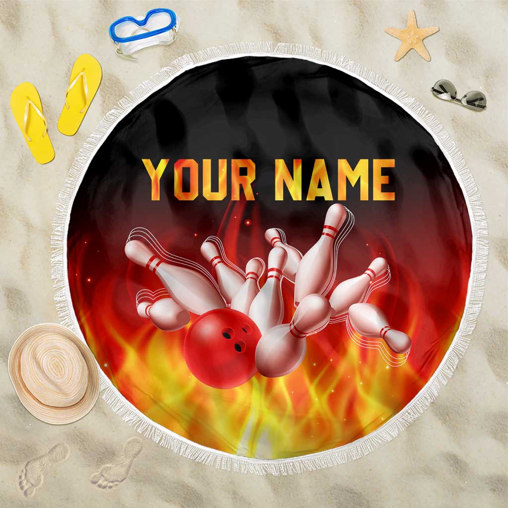 Bowling Ball and Pins Design Beach Blanket with Flame Background and Custom Team Name Text - Wonder Print Shop