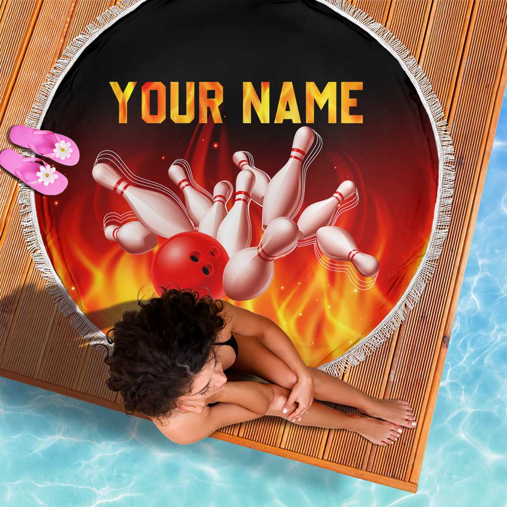 Bowling Ball and Pins Design Beach Blanket with Flame Background and Custom Team Name Text - Wonder Print Shop
