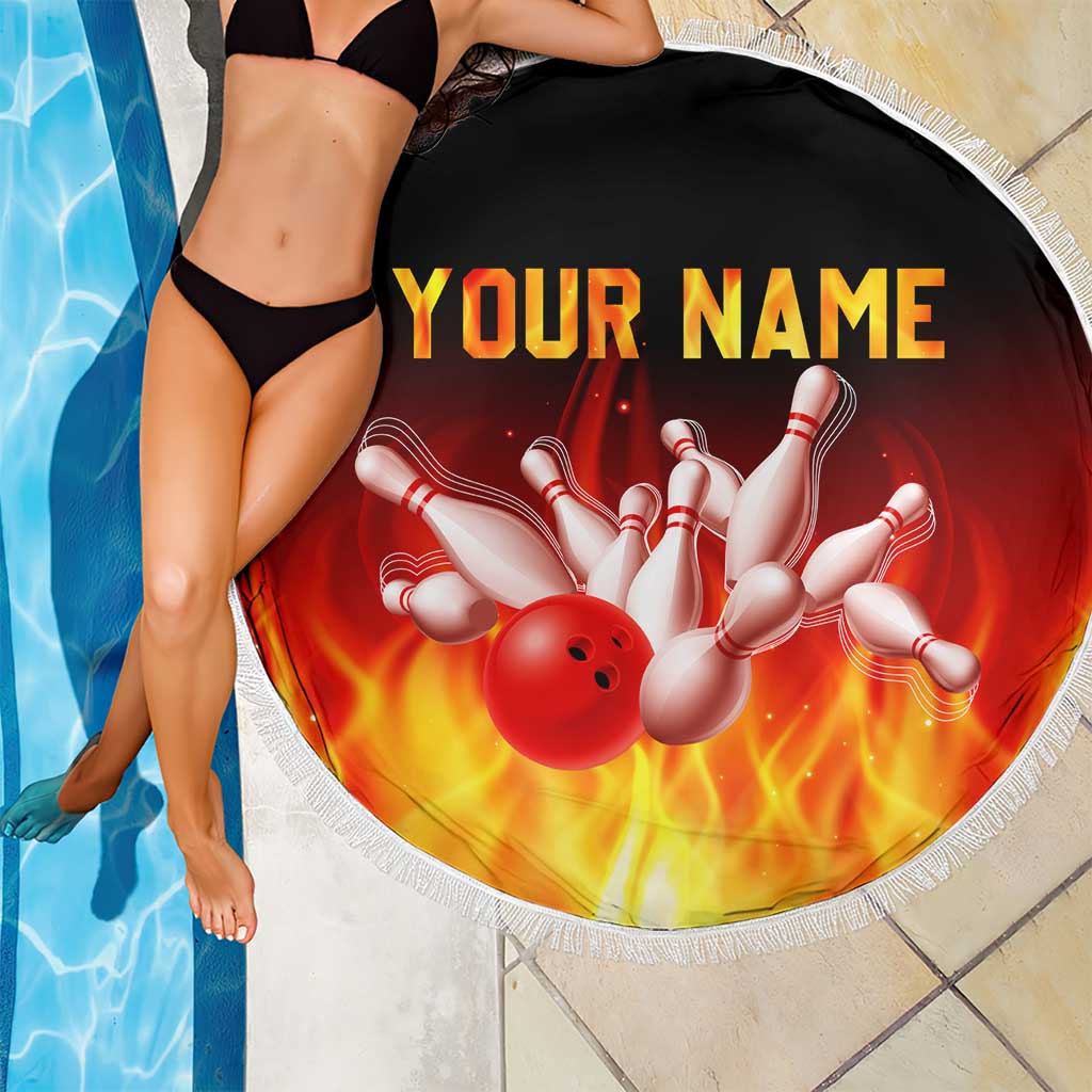 Bowling Ball and Pins Design Beach Blanket with Flame Background and Custom Team Name Text - Wonder Print Shop