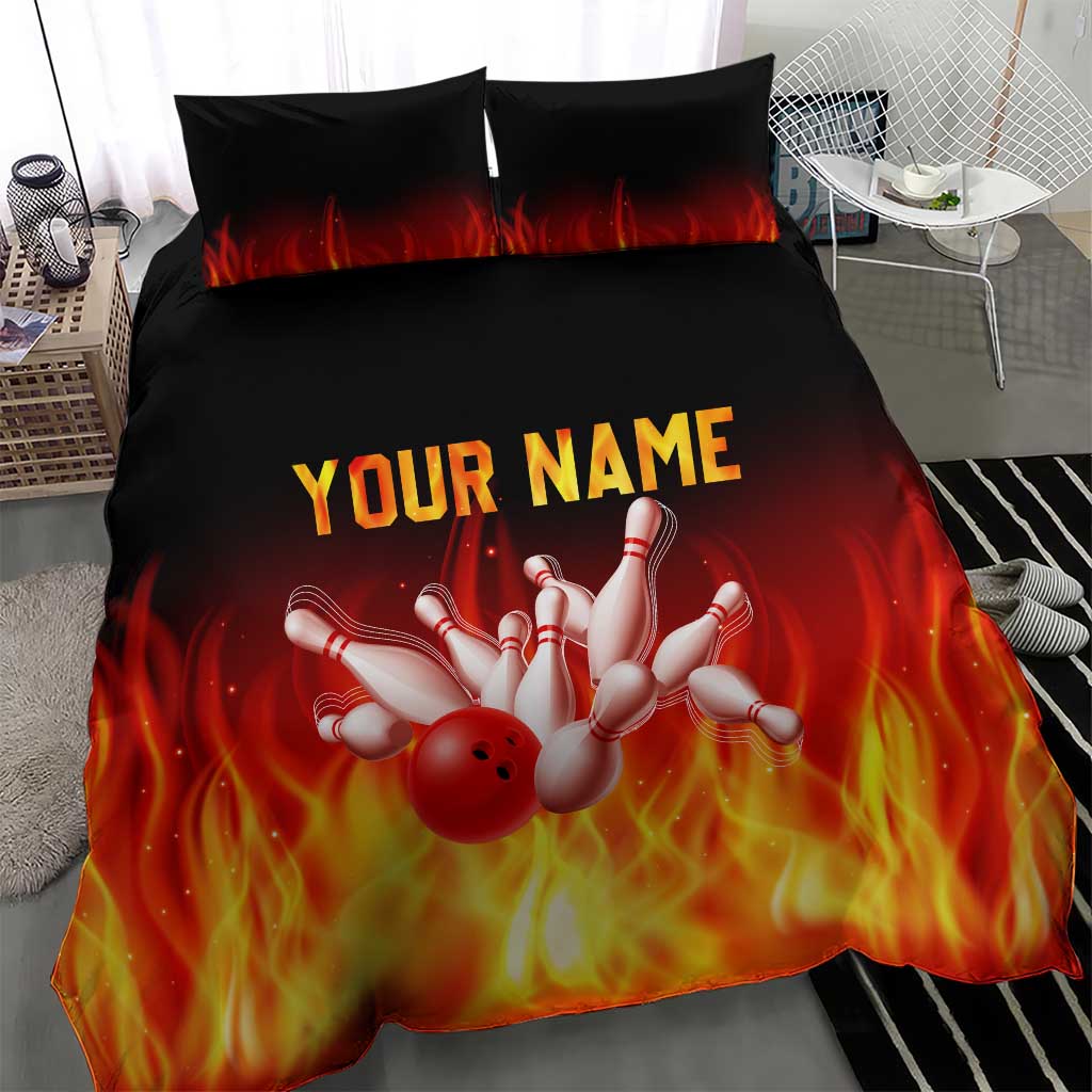Bowling Ball and Pins Design Bedding Set with Flame Background and Custom Team Name Text - Wonder Print Shop