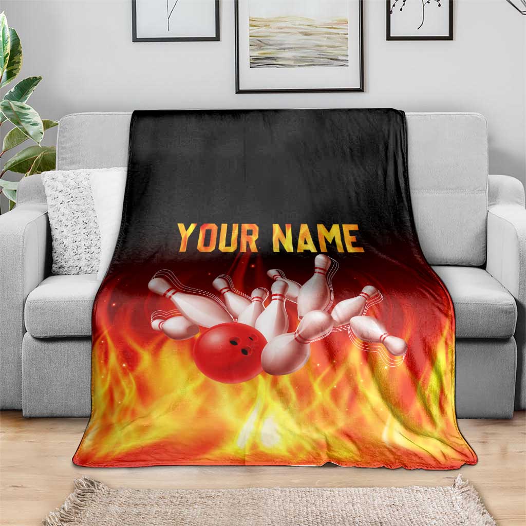 Bowling Ball and Pins Design Blanket with Flame Background and Custom Team Name Text - Wonder Print Shop