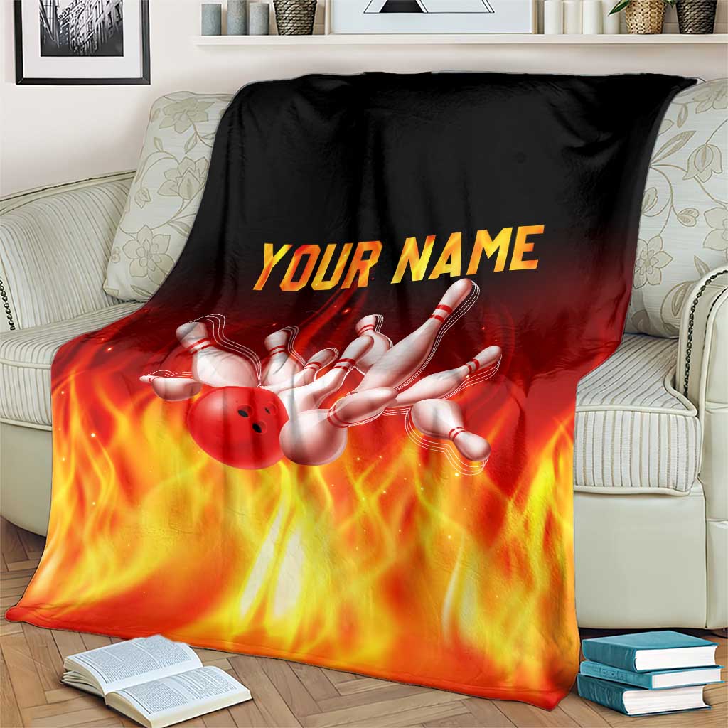 Bowling Ball and Pins Design Blanket with Flame Background and Custom Team Name Text - Wonder Print Shop
