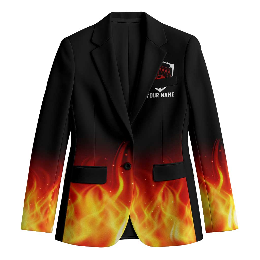 Bowling Ball and Pins Design Blazer with Flame Background and Custom Team Name Text - Wonder Print Shop