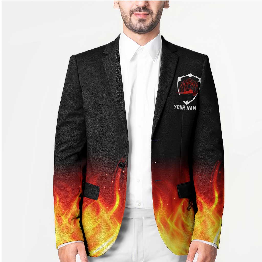 Bowling Ball and Pins Design Blazer with Flame Background and Custom Team Name Text - Wonder Print Shop