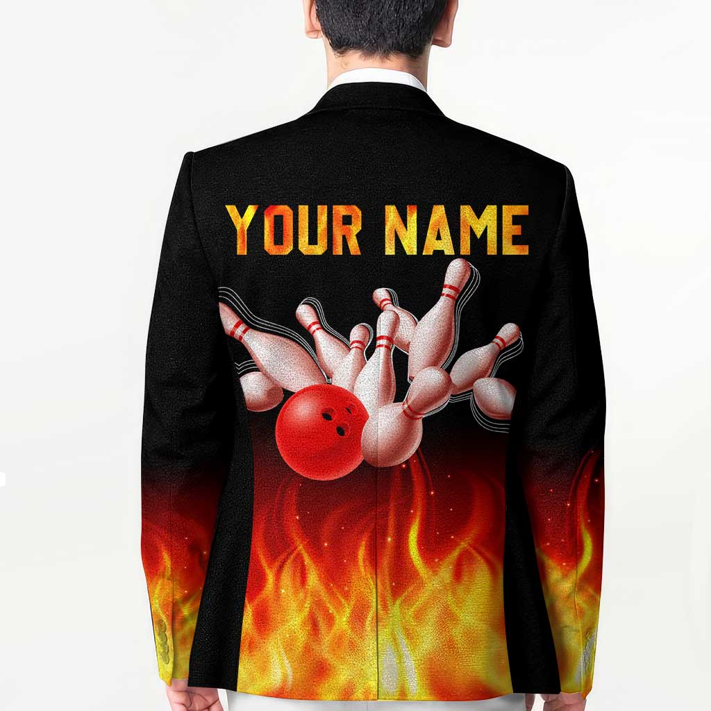 Bowling Ball and Pins Design Blazer with Flame Background and Custom Team Name Text - Wonder Print Shop