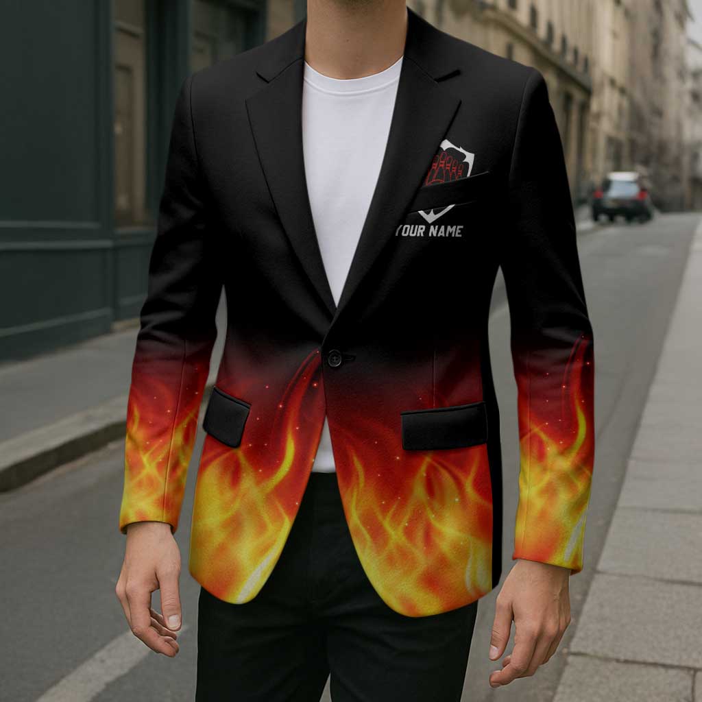 Bowling Ball and Pins Design Blazer with Flame Background and Custom Team Name Text - Wonder Print Shop
