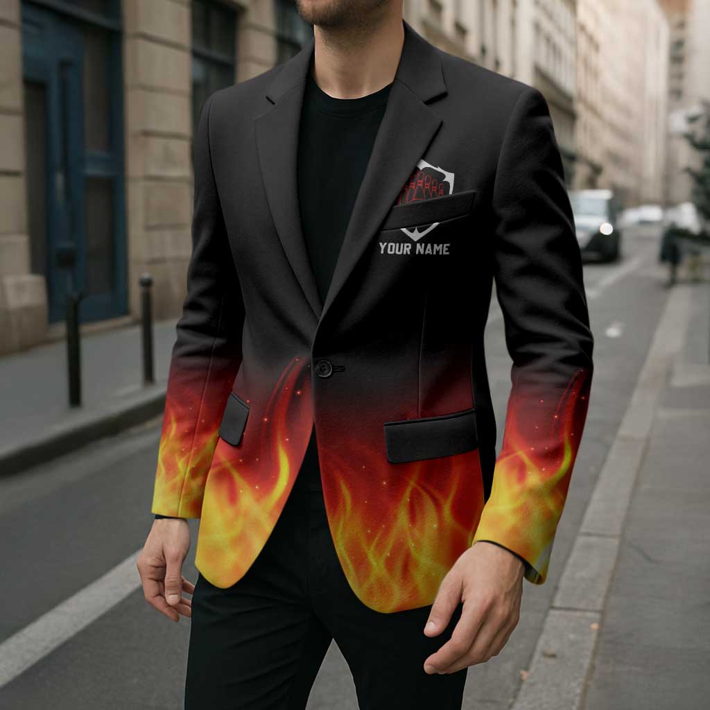 Bowling Ball and Pins Design Blazer with Flame Background and Custom Team Name Text - Wonder Print Shop