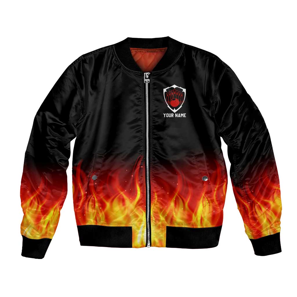 Bowling Ball and Pins Design Bomber Jacket with Flame Background and Custom Team Name Text - Wonder Print Shop