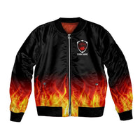 Bowling Ball and Pins Design Bomber Jacket with Flame Background and Custom Team Name Text - Wonder Print Shop