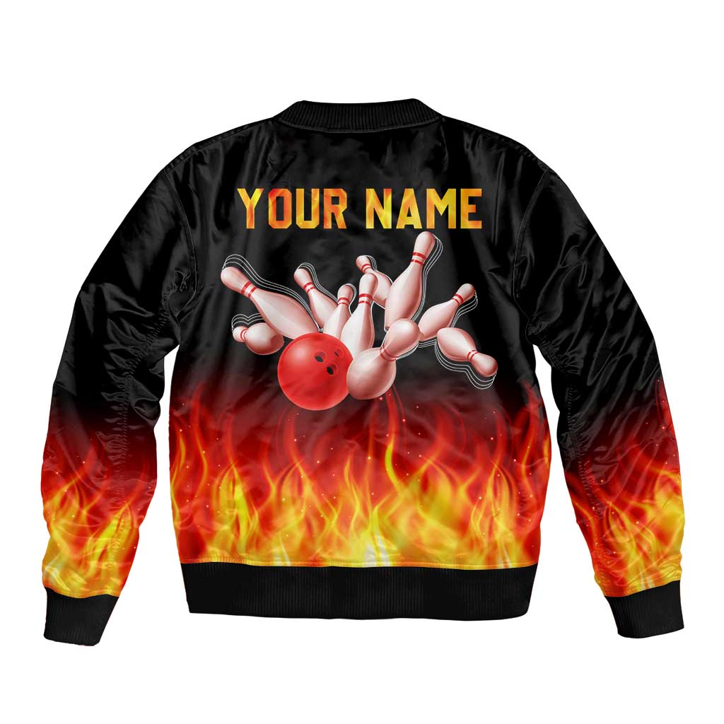Bowling Ball and Pins Design Bomber Jacket with Flame Background and Custom Team Name Text - Wonder Print Shop