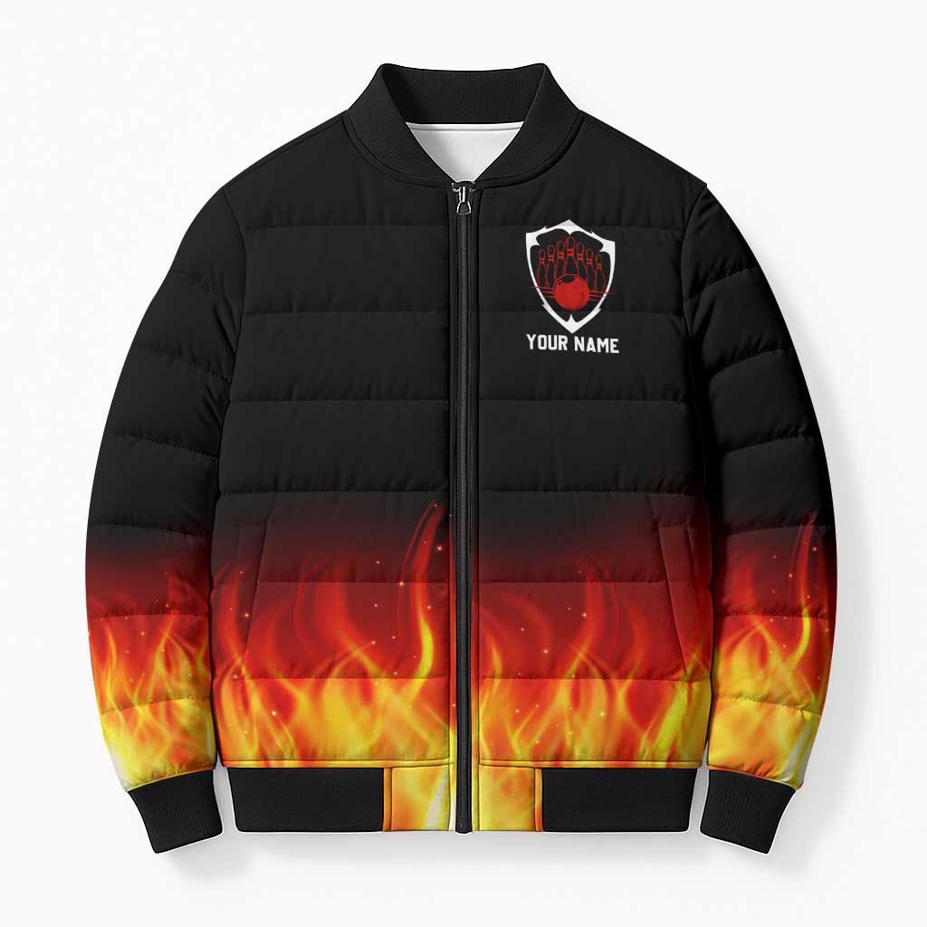 Bowling Ball and Pins Design Bomber Puffer Jacket with Flame Background and Custom Team Name Text - Wonder Print Shop